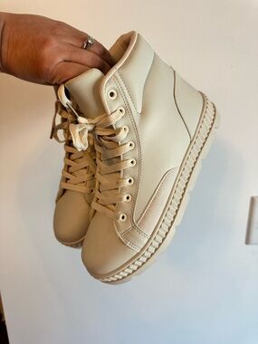 Cream Lace-Up High Top Sneakers